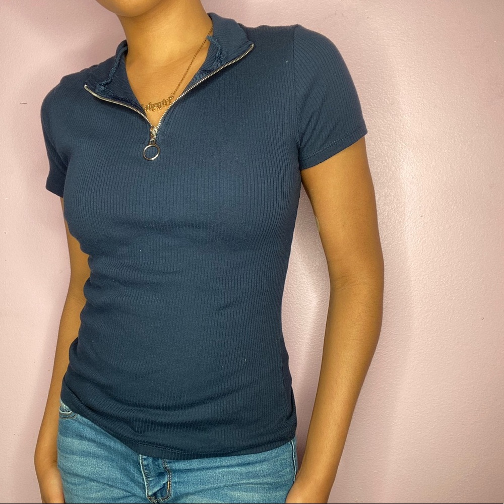Navy Blue Short Sleeve Zip up Knit Top